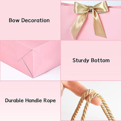 JMANNI Medium Size Gift Bags - 2Pcs Paper Gift Bag with Handles, 4 Tissue Paper & 2 Greeting Cards for Women, Girls, Bridesmaid, Birthday, Valentines, Wedding, Party (Pink)