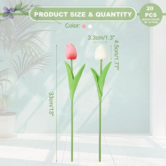 uxcell 20pcs Tulips Artificial Flowers, Faux Flowers Silk Fake Tulip Stems Real Touch for Wedding Bouquet Centerpiece Table Party Decoration(Pure White, Rose Pink)