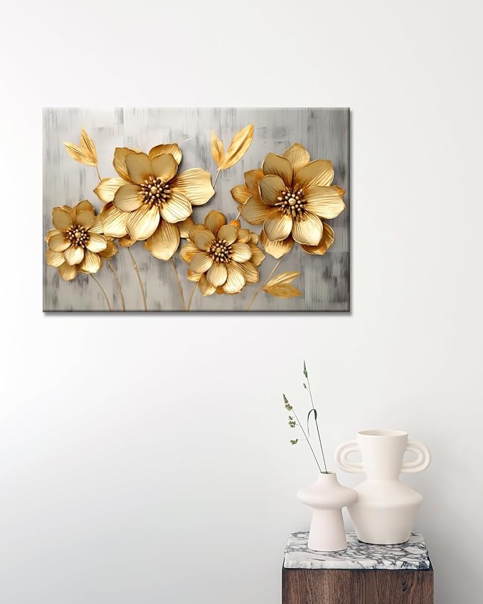 GLOKAKA Gold Metallic Flowers Print Wall Art Elegant Floral Flower Canvas on Grey Background Painting Picture Artwork for Living Room Bedroom Bathroom Decor (Gold Metallic Flowers, 36"x24")