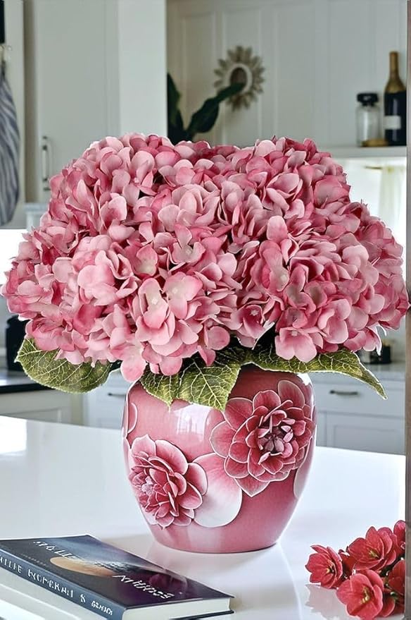 2Bouquets Artificial Fake Flowers Plants Silk Hydrangea Arrangements Wedding Bouquets Decorations Plastic Floral Home Kitchen Garden Party Festival Bar DIY(Grey Pink, 5 Flower Heads)