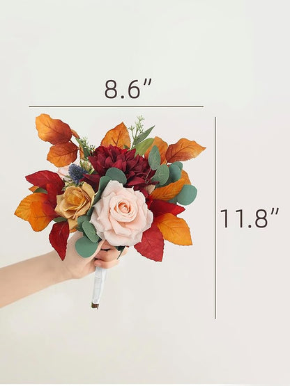 Rinlong 1Pc Bridesmaids Bouquet Fall Wedding Bouquets for Bridesmaid Terracotta Artificial Flowers Burnt Orange Silk Bouquet for Wedding
