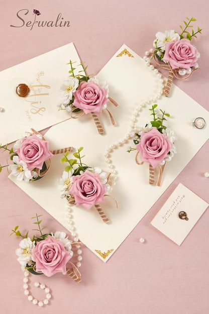 Serwalin 6PCS Pink Rose Boutonniere for Men Wedding Groom Groomsmen Best Man Boutonniere for Wedding Ceremony Anniversary Prom Flowers Formal Dinner Party