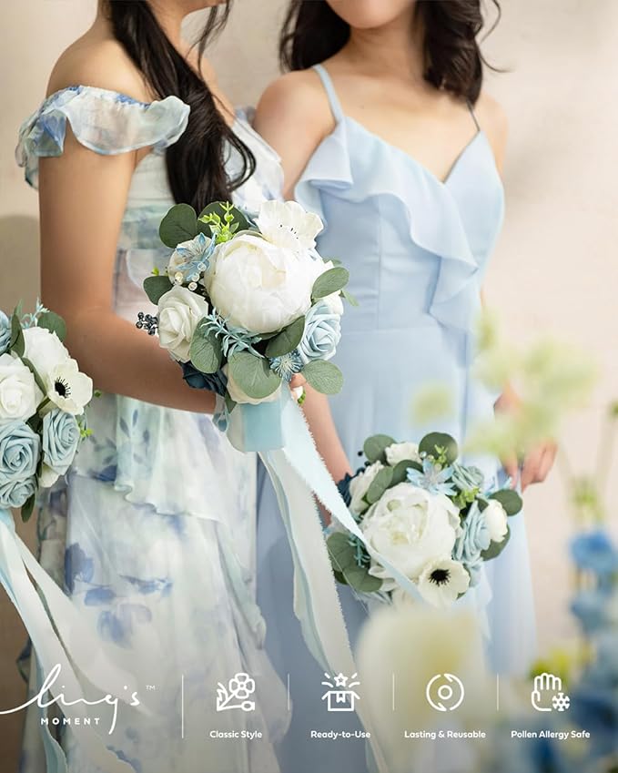 Ling's moment Artificial Flowers Dusty Blue Bridesmaid Bouquet Set of 4, Blue & White Wedding Flowers Bouquets for Bridesmaids, 7 Inch Bridal Bouquets for Bridesmaids