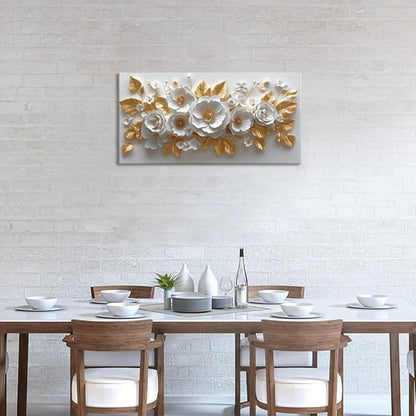 IDAFU Flower Wall Art White Foral and Golden Leaves Wall-décor White Wall Art Floral Painting Pictures for Living Room Bathroom Bedroom Kitchen Office Cuadros Decorativos Para Sala Decor 46L x 23W