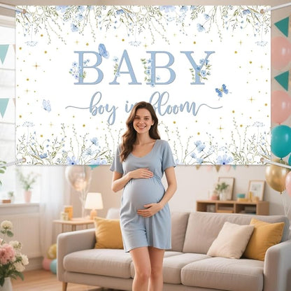 Baby Boy in Bloom Backdrop for Boys Wildflower Baby in Bloom Baby Shower Decorations Banner Blue Floral Photography Background Cake Table Decor Supplies Photo Booth Prop 70.8 x 43.3 inch