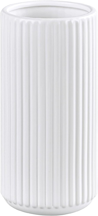 White Ceramic Flower Vase for Pampas Grass, 8 inch Small Decorative Centerpiece Ribbed Vase for Dining Table, Office Desktop, Shelf Bookshelf, Mantel, Entryway, Bathroom, Countertop, Farmhouse, Gift