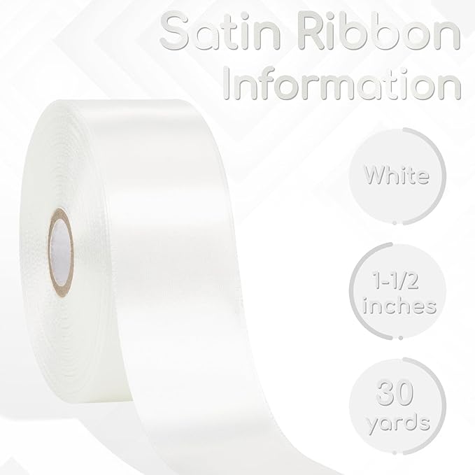 White Satin Ribbon 1-1/2 Inch 30 Yards, White Ribbon for Gift Wrapping, Flower Bouquet, Crafts, Baby Shower, Christmas, Wedding and Bow Making