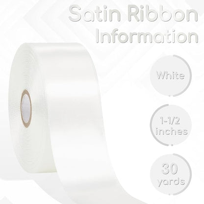 White Satin Ribbon 1-1/2 Inch 30 Yards, White Ribbon for Gift Wrapping, Flower Bouquet, Crafts, Baby Shower, Christmas, Wedding and Bow Making