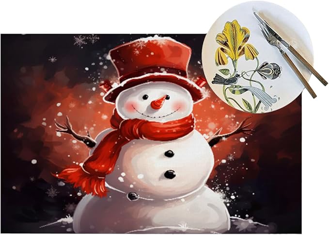 PVC Placemats Set of 1 Wipeable Table Mats Washable Heat Resistant Non Slip Vinyl Dining Table Mat for Kitchen Indoor Outdoor Patio Farmhouse Place Mats Christmas Snowman Red Decorative