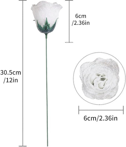 Fake Roses,30PCS White Glitter Flowers Bouquet Artificial Roses with Stems for Wedding Party Christmas Home Decor(White with Silver Glitter)