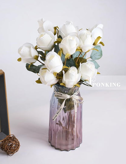 Rose Artificial Flower Buds 12pcs Realistic Faux Silk Roses Fake Flowers Bouquets Arrangements Decor for Wedding Spring Mother's Day, Home Table Decorations, Beige Flower