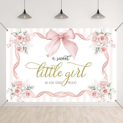 Pink Floral Baby Shower Backdrop Bow Flowers A Sweet Little Girl is on The Way Photography Background Princess Bowknot Girl Gender Reveal Party It’s a Banner with Copper Grommets