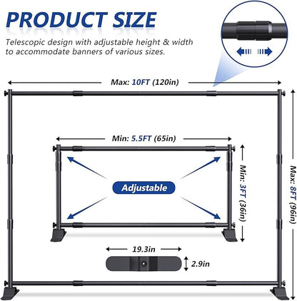 Backdrop Banner Stand 10x8ft，Adjustable Heavy Duty Photo Backdrop Stand，Step and Repeat Background Stands for Party，Photography，Wedding