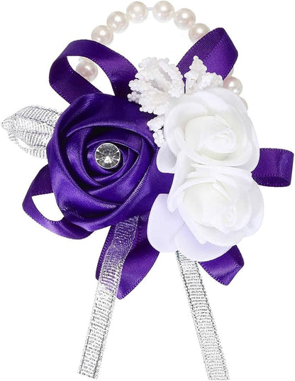 MECCANIXITY Wrist Corsage Artificial Flower Bracelets Rose Wrist Bride Groom Decorative for Wedding Ceremony Prom Party Anniversary Purple
