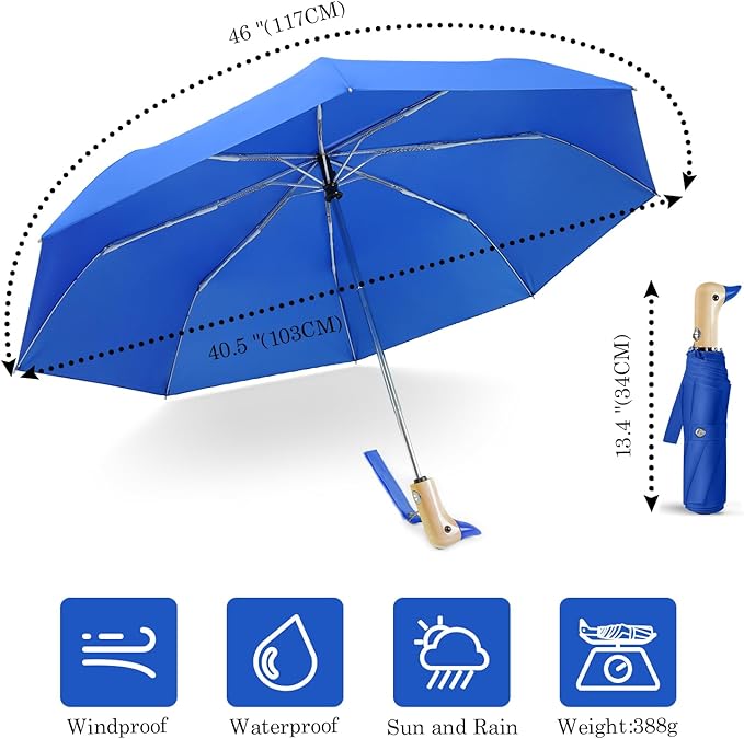 Cute Duck Umbrella Automatic - Compact Pretty Pocket Size Strong Duck Collapsible Umbrella Yellow Wooden Handle for Women