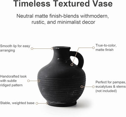 6-Inch Black Ceramic Flower Vase with Handles, Rustic Farmhouse Boho Pottery Centerpiece for Table, Living Room, Shelf & Mantel