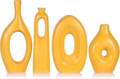 Yellow Vases Home Decor - 4-Piece Round Hollow Boho Yellow Ceramic Vase for Pampas Grass Decor, Modern Small Flower Vases for Living Room, Dining Table, Office, Wedding, Fireplace Decor