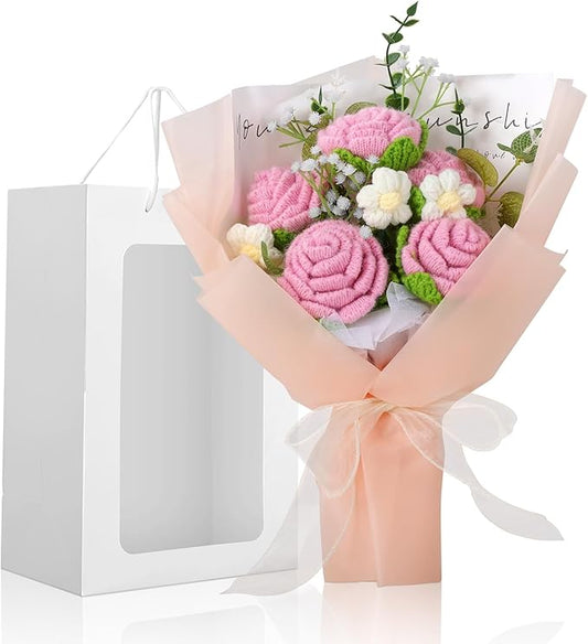 Crochet Flowers Bouquet, Handmade Knitted Rose Bouquet with Gift Bag for Home Deocor, Crocheted Finished Flower for Wedding, Mother's Day, Teachers' Day and Valentine's Day, Pink White