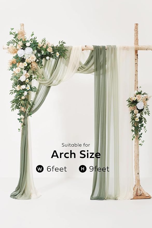 Ling's moment Wedding Arch Flowers with Sheer Drapes Kit - Artificial Spring Green Rose Floral Arrangements for Ceremony Backdrop, Arbor Decor, 5-Piece Set (2 Flower Stems + 3 Hanging Drapes)
