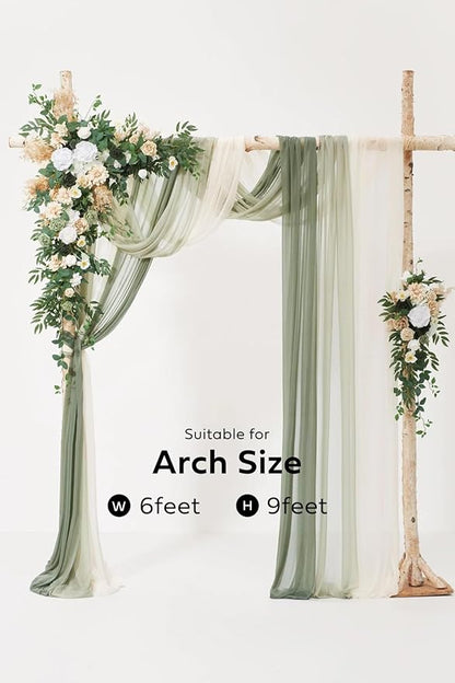 Ling's moment Wedding Arch Flowers with Sheer Drapes Kit - Artificial Spring Green Rose Floral Arrangements for Ceremony Backdrop, Arbor Decor, 5-Piece Set (2 Flower Stems + 3 Hanging Drapes)