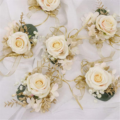 USIX 2pc Pack-Handmade Men's Lapel Pin Champagne Ivory Rose with Gold Leaves Ribbons Artificial Pearls Boutonniere Pin for Suit Wedding Groom Groomsmen Brooch Rose Boutonniere (Boutonniere)