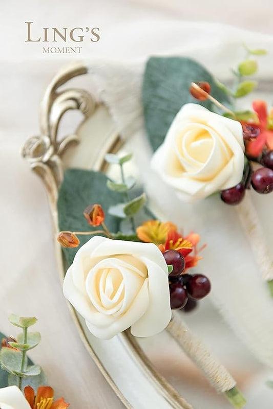 Ling's moment Artificial Wedding Flowers 1.5" Rose Buds and 2" Petite Roses 25pcs Cream w/Stem for DIY Wedding Boutonniere Wrist Corsages Bouquets Centerpieces Arrangements