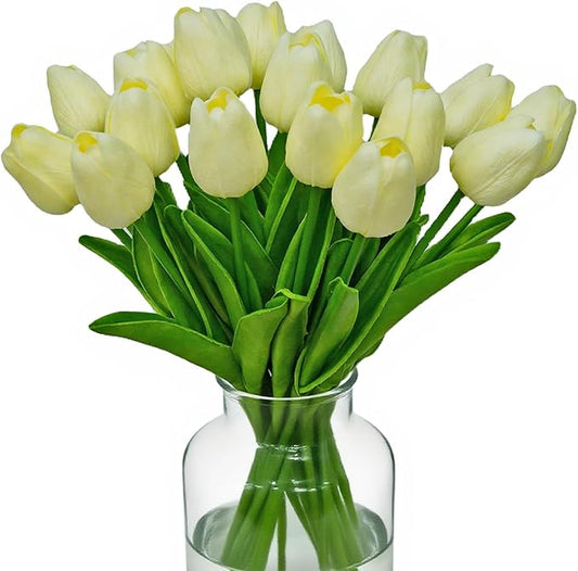 20pcs Fake Tulips Artificial Flowers Faux Flowers PU Faux tulips 13.5 Inch Mother's Day Easter Valentine’S Day Gifts in Home Kitchen Spring Decorations For Home (Cream)