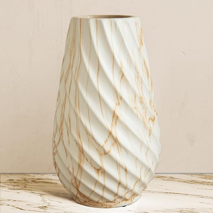 10 inch Tall Ribbed Ceramic Vase for Flowers,Boho Vases for Pampas Grass,Fluted vase,Simple Modern Decorative Vase for Home Decor Table Centerpieces (Pink Stripe)