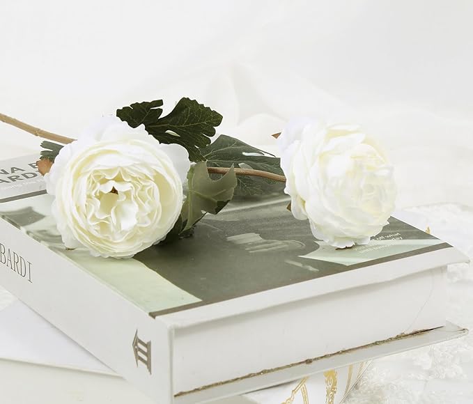 IPOPU 10pcs White Peonies Artificial Flowers Real Touch Silk Peonies with Stems Fake Peony for DIY Wedding Bouquets Bridal Shower Centerpieces Arrangements Party Tables Decorations