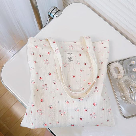 Cotton Canvas Tote Bag Reusable Soft Grocery Cloth Bag Floral Shoulder Bag for Beach Travel Shopping