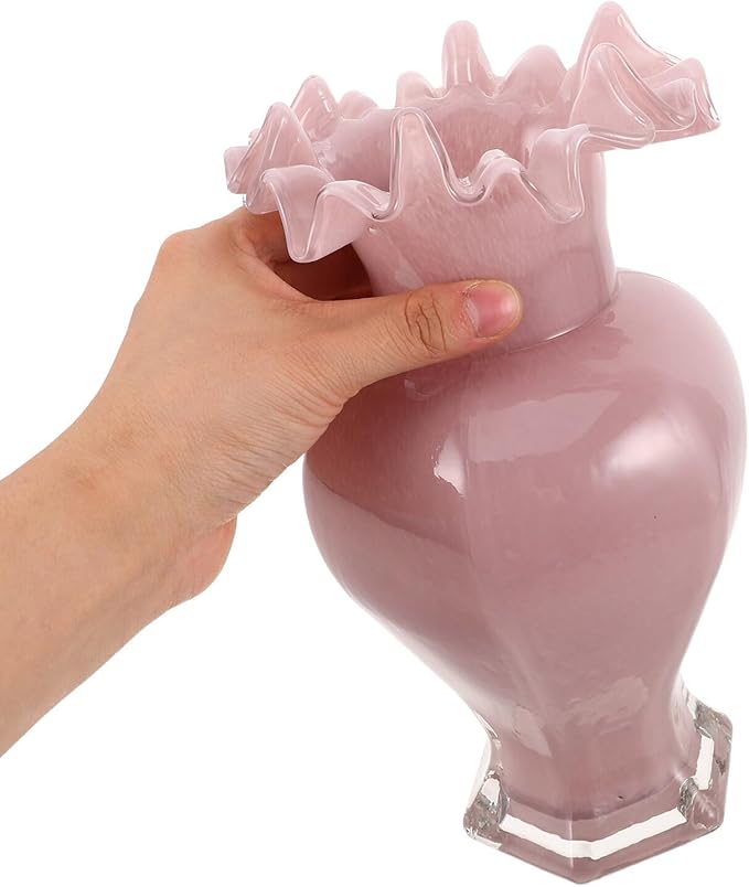 Pearlescent Pink Glass Decorative Vase with Artistic Curved Rim Handblown Artistic Planter for Flower Bouquets Unique Home Accent for Living Dining Table Office and Wedding Decor