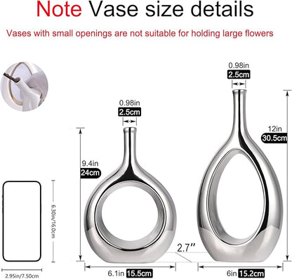 Glossy Silver Vase Ceramic Silver Vases Home Decor,Modern Minimalist Circle with Hole Decorative Vase, Hollow Ellipse Flower vases for Bookshelf, Fireplace Mantle, Centerpieces,Farmhouse,Rustic Décor