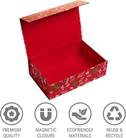 Christmas Gift Box with Magnetic Lid | Red Decorative Gift Boxes for Presents, Holiday Gifts, Treats, Ornaments, and Keepsakes. 11.5" x 7.5" x 3.5"