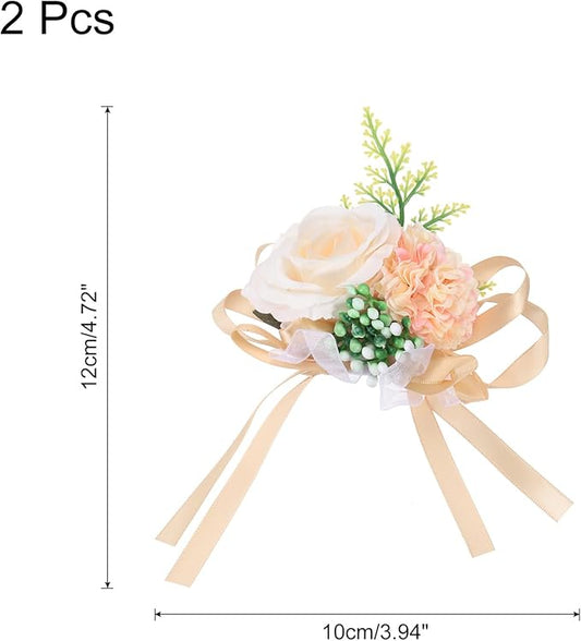 MECCANIXITY Wrist Corsage Artificial Flower Bracelets Pack of 2 Rose Wrist Bride Groom Decorative for Wedding Ceremony Prom Party Anniversary, 10x12cm Light Beige