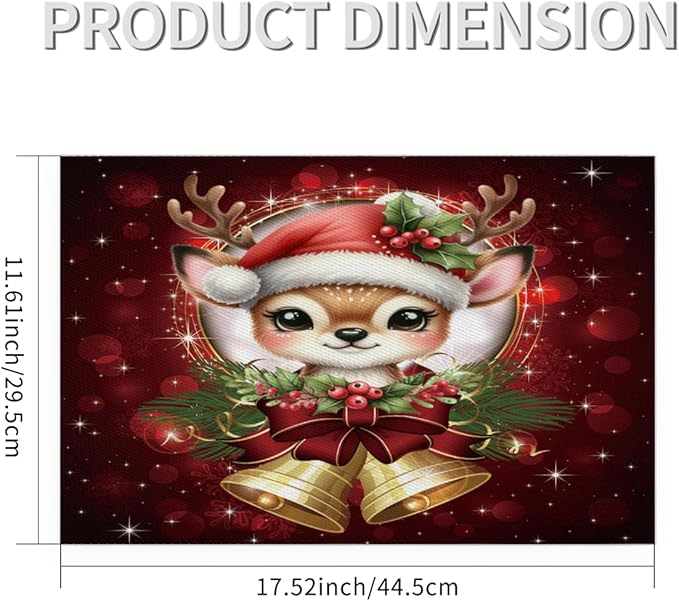 Christmas Xmas Bells Deer Placemats Set of 1 PVC Vinyl Non Slip Table Mats Heat Resistant Place Mats Washable Wipeable Dining Table Mat for Kitchen Decor Party Indoor Outdoor Decorative Gift