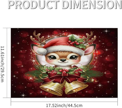 Christmas Xmas Bells Deer Placemats Set of 1 PVC Vinyl Non Slip Table Mats Heat Resistant Place Mats Washable Wipeable Dining Table Mat for Kitchen Decor Party Indoor Outdoor Decorative Gift