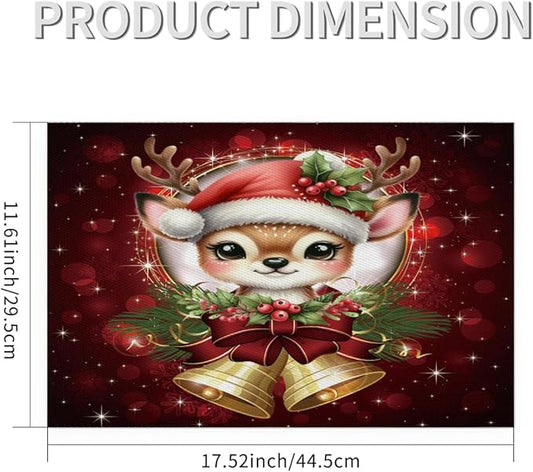 Christmas Xmas Bells Deer Placemats Set of 6 PVC Vinyl Non Slip Table Mats Heat Resistant Place Mats Washable Wipeable Dining Table Mat for Kitchen Decor Party Indoor Outdoor Decorative Gift