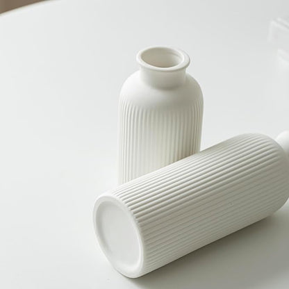 Modern Ceramic Vase Set, White Ribbed Matte Design, 3-Piece Decorative Vases for Home, Living Room, Office (White)