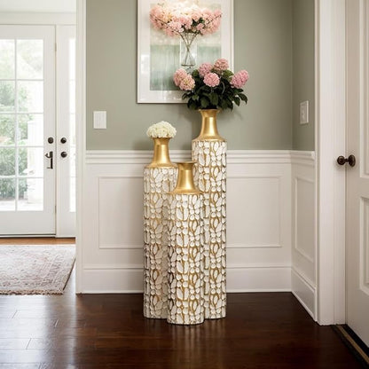 Floor Oversized Gold Metal Decorative Vase with 3D Triangle Pattern Set of 3 Large Vases for Home Living Room 33.5 ", 29.5 ", 25.2" High (Antique White)