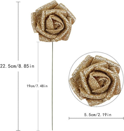 IPOPU Foam Gold Roses,50pcs Glitter Roses Gold Flowers Gold Roses with Stems for DIY Wedding Bridal Bouquet Home Party Decoration(Gold)