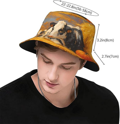 Rustic Autumn Cows and Pumpkins Bucket Hat Novelty Sun Hats Trendy Fisherman Cap for Men and Women