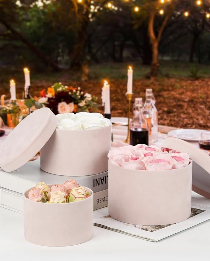 Round Gift Boxes with Lids for Presents Set of 4 Light Pink Velvet Nesting Gifts Box for Arrangements Flowers Wedding Birthday Valentines Bridesmaid Christmas Party Anniversary