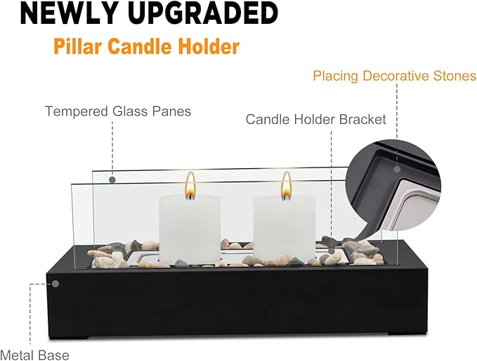 Rectangle Tabletop Hurricane Candleholder with Decorative Stones - Suitable for Dia 2.5" and Below Pillar Candles and Scented Candles, Gift for Dinner Table Centerpiece & Housewareming