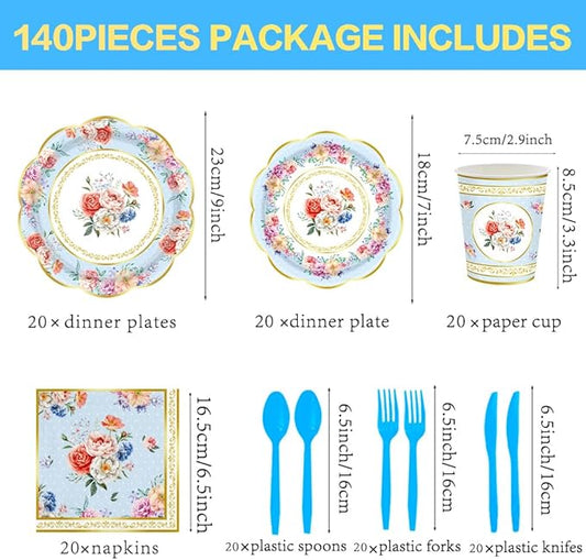 140Pcs Tea Party Decorations Tableware Set Floral Plates and Napkins for Birthday Party, Baby Showers, Bridal Showers, Wedding Bachelorette Party Supplies Floral Tea Party Plates, Serves 20 (Blue)