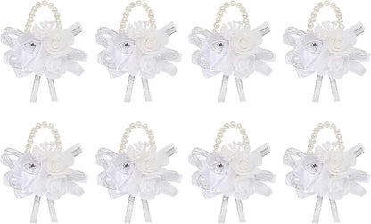 MECCANIXITY 8Pcs Wrist Corsage Artificial Flower Bracelets Rose Wrist Bride Groom Decorative for Wedding Ceremony Prom Party Anniversary White