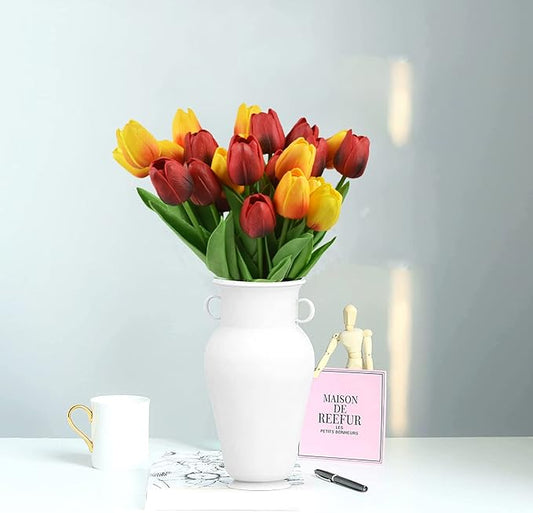 24pcs Artificial Tulips Flowers Fake Faux PU Tulip Bouquet Real Touch Flower Arrangement for Home Room Office Party Wedding Decoration Excellent Gift Idea for Mothers Day (Red and Orange)