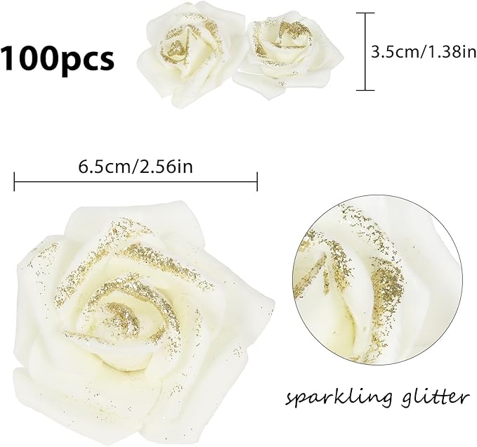 Gold Glitter Ivory Roses 100pcs Stemless Foam Flowers Artificial Real Looking for Craft Centerpiece Table Decorations Wedding Decor