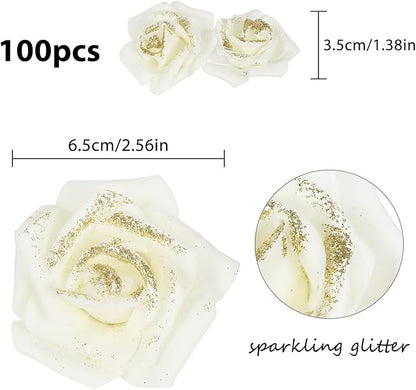 Gold Glitter Ivory Roses 100pcs Stemless Foam Flowers Artificial Real Looking for Craft Centerpiece Table Decorations Wedding Decor