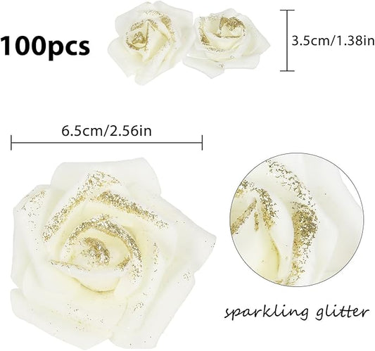 Gold Glitter Ivory Roses 100pcs Stemless Foam Flowers Artificial Real Looking for Craft Centerpiece Table Decorations Wedding Decor