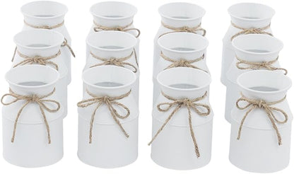 Flower Vase Decor, Farmhouse Metal Galvanized Milk Can Jug Vase with Bow, Flower Buckets for Artificial Flowers for Table Centerpiece Weddings(White)